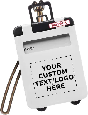 100 Mini Carry-on Luggage Tags Pack - Customizable Text, Logo - Flip Open Cover, ID Sticker - White