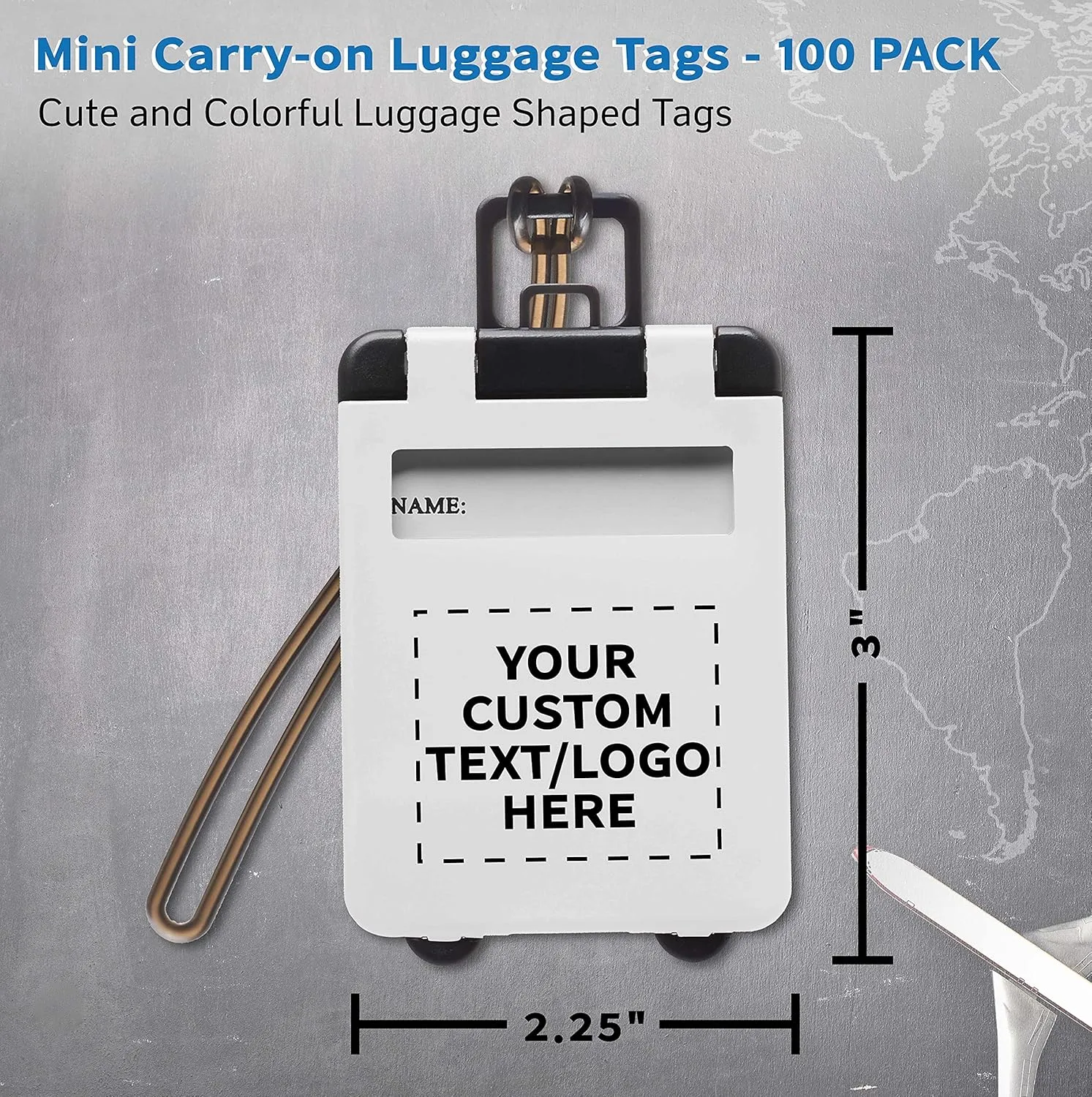 100 Mini Carry-on Luggage Tags Pack - Customizable Text, Logo - Flip Open Cover, ID Sticker - White