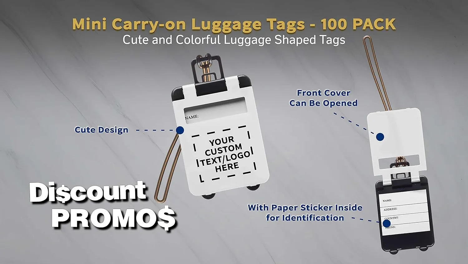 100 Mini Carry-on Luggage Tags Pack - Customizable Text, Logo - Flip Open Cover, ID Sticker - White