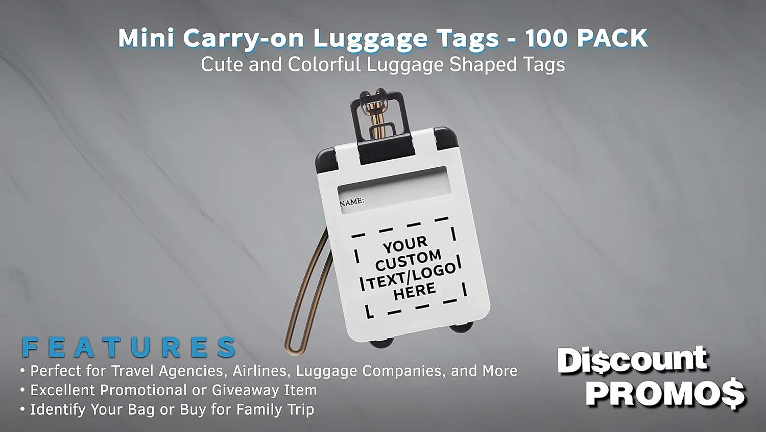 100 Mini Carry-on Luggage Tags Pack - Customizable Text, Logo - Flip Open Cover, ID Sticker - White