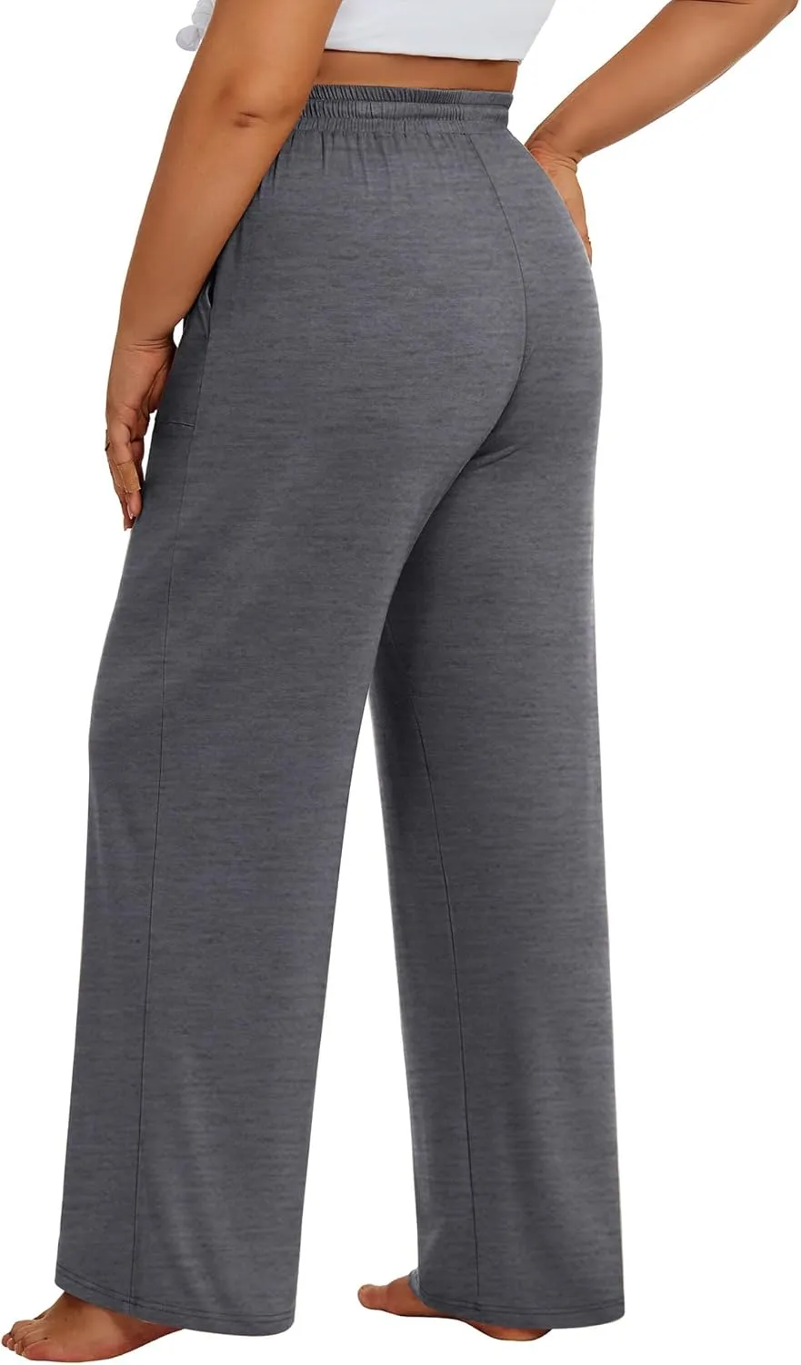 3 Pack Plus Size Pants for Women Wide Leg Casual Pant Drawstring Stretchy Waist Trousers with Pockets