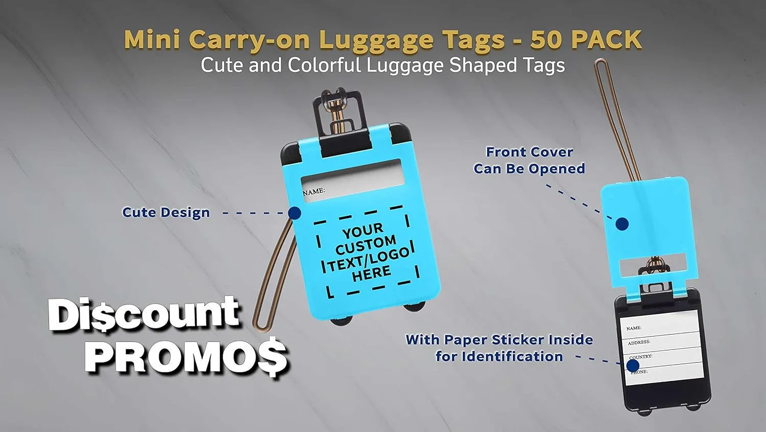 50 Mini Carry-on Luggage Tags Pack - Customizable Text, Logo - Flip Open Cover, ID Sticker - Light Blue