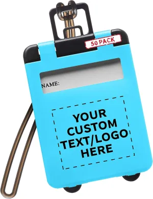 50 Mini Carry-on Luggage Tags Pack - Customizable Text, Logo - Flip Open Cover, ID Sticker - Light Blue