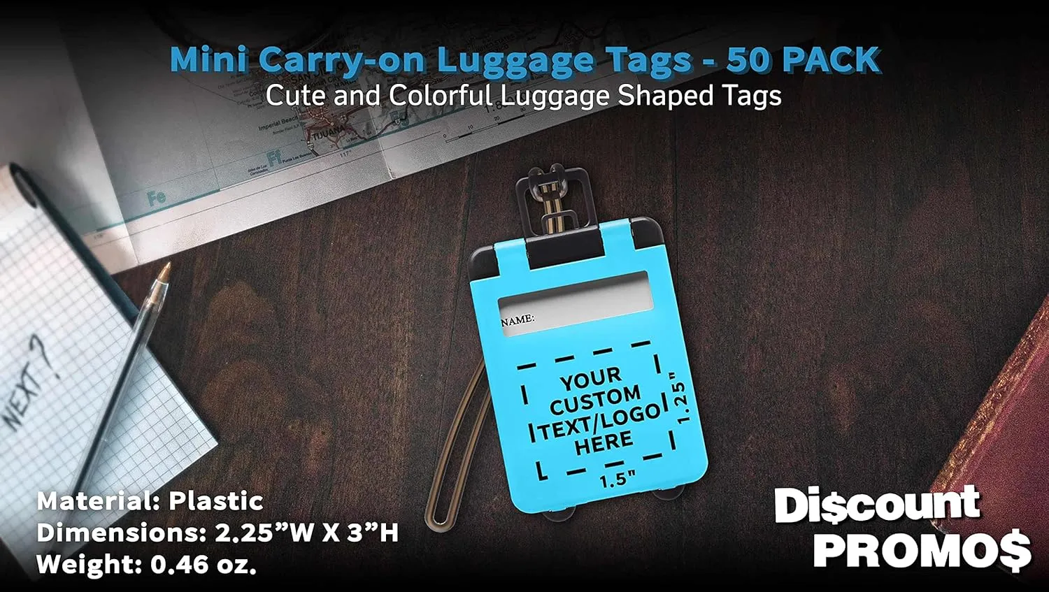 50 Mini Carry-on Luggage Tags Pack - Customizable Text, Logo - Flip Open Cover, ID Sticker - Light Blue