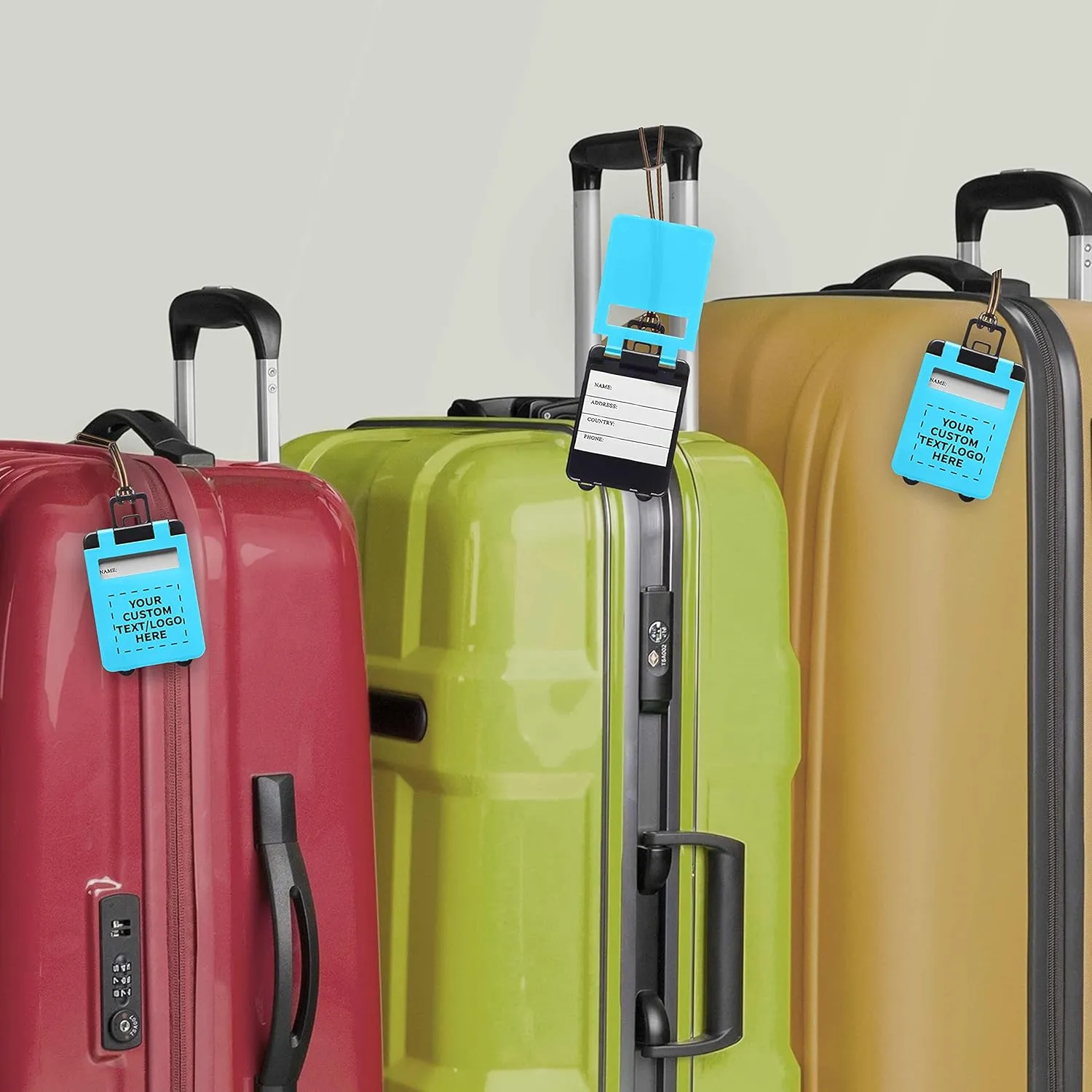 50 Mini Carry-on Luggage Tags Pack - Customizable Text, Logo - Flip Open Cover, ID Sticker - Light Blue