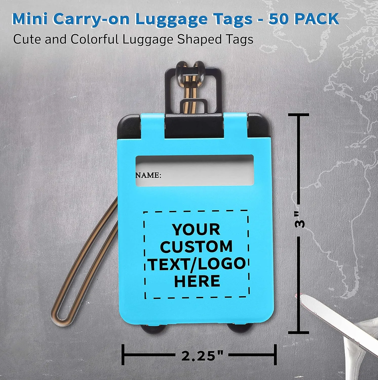 50 Mini Carry-on Luggage Tags Pack - Customizable Text, Logo - Flip Open Cover, ID Sticker - Light Blue