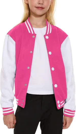 ACEFAST INC Kids Baseball Jacket School Varsity Uniform Casual Sweatshirt Girls Sweater Jacket Baseball Solid Color