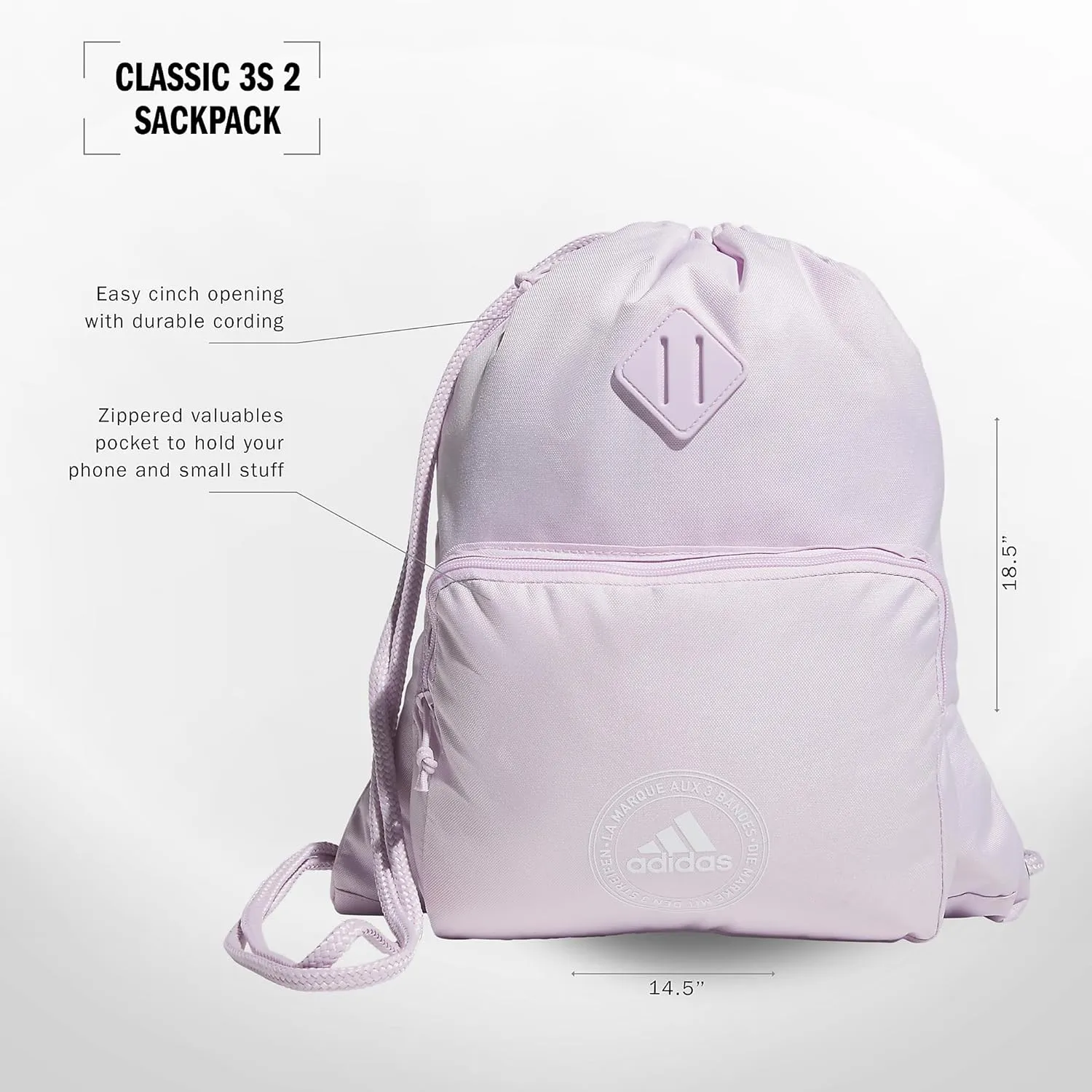 adidas Classic 3S 2.0 Sackpack, Ice Lavender, One Size
