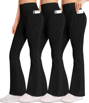 AENLLEY Girl Yoga Flare Wide Leg Tummy Control Stretchy Pants for Causal with Pockets 3 Pack