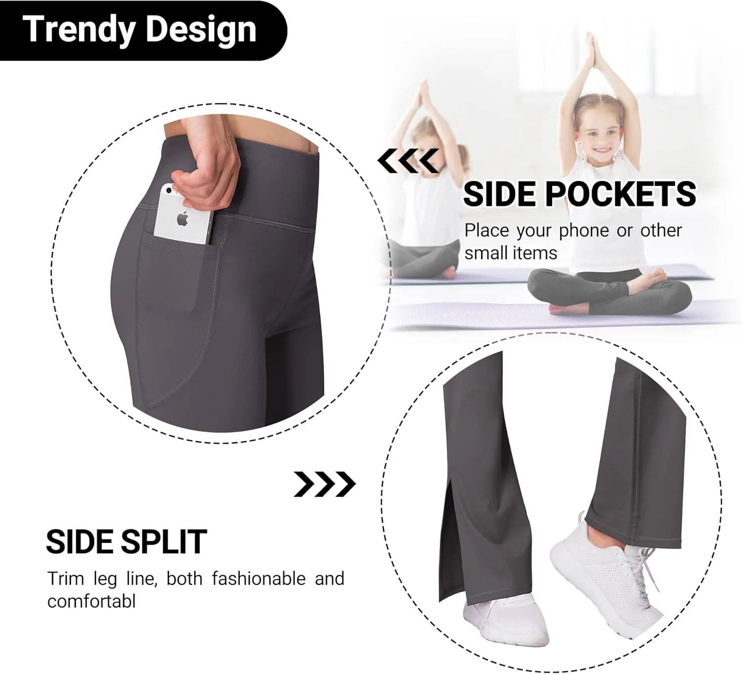 AENLLEY Girl Yoga Flare Wide Leg Tummy Control Stretchy Pants for Causal with Pockets 3 Pack