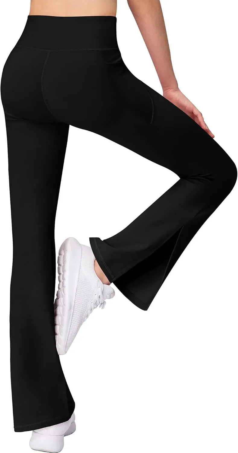 AENLLEY Girl Yoga Flare Wide Leg Tummy Control Stretchy Pants for Causal with Pockets 3 Pack