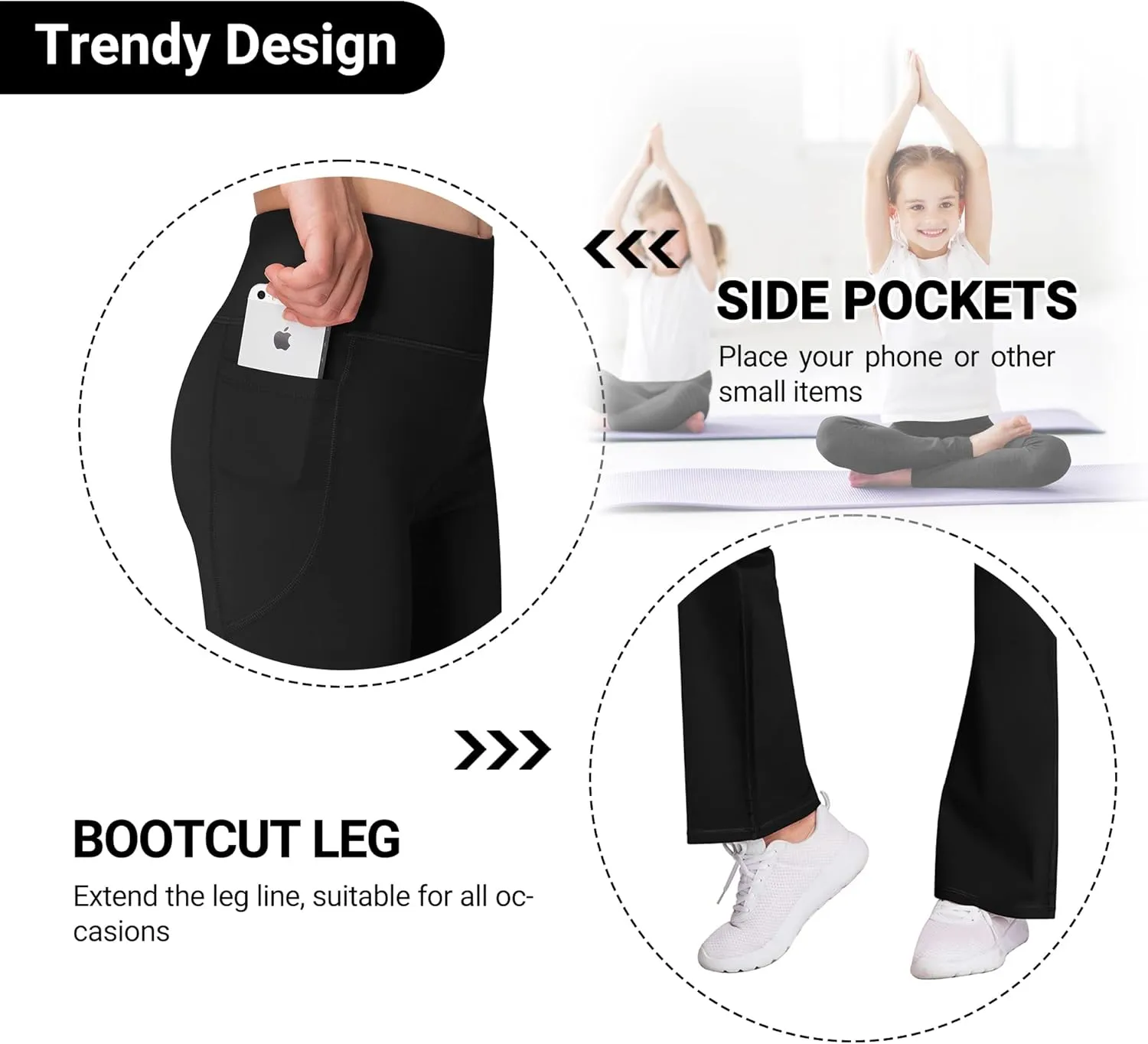 AENLLEY Girl Yoga Flare Wide Leg Tummy Control Stretchy Pants for Causal with Pockets 3 Pack