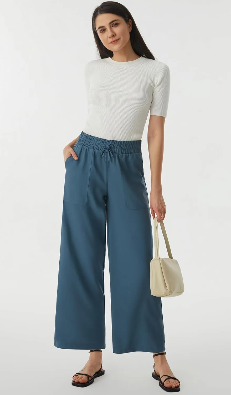 AFITNE Women Linen Palazzo Pants Summer Boho Wide Leg High Waist Casual Lounge Pants with Pockets