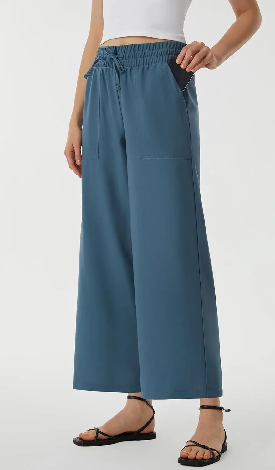 AFITNE Women Linen Palazzo Pants Summer Boho Wide Leg High Waist Casual Lounge Pants with Pockets