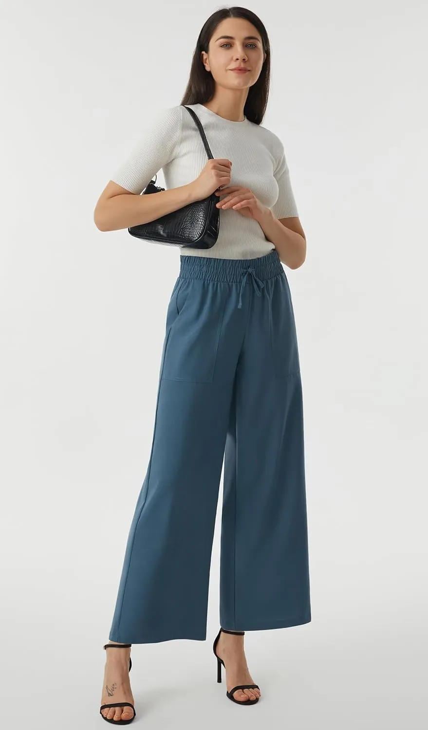 AFITNE Women Linen Palazzo Pants Summer Boho Wide Leg High Waist Casual Lounge Pants with Pockets
