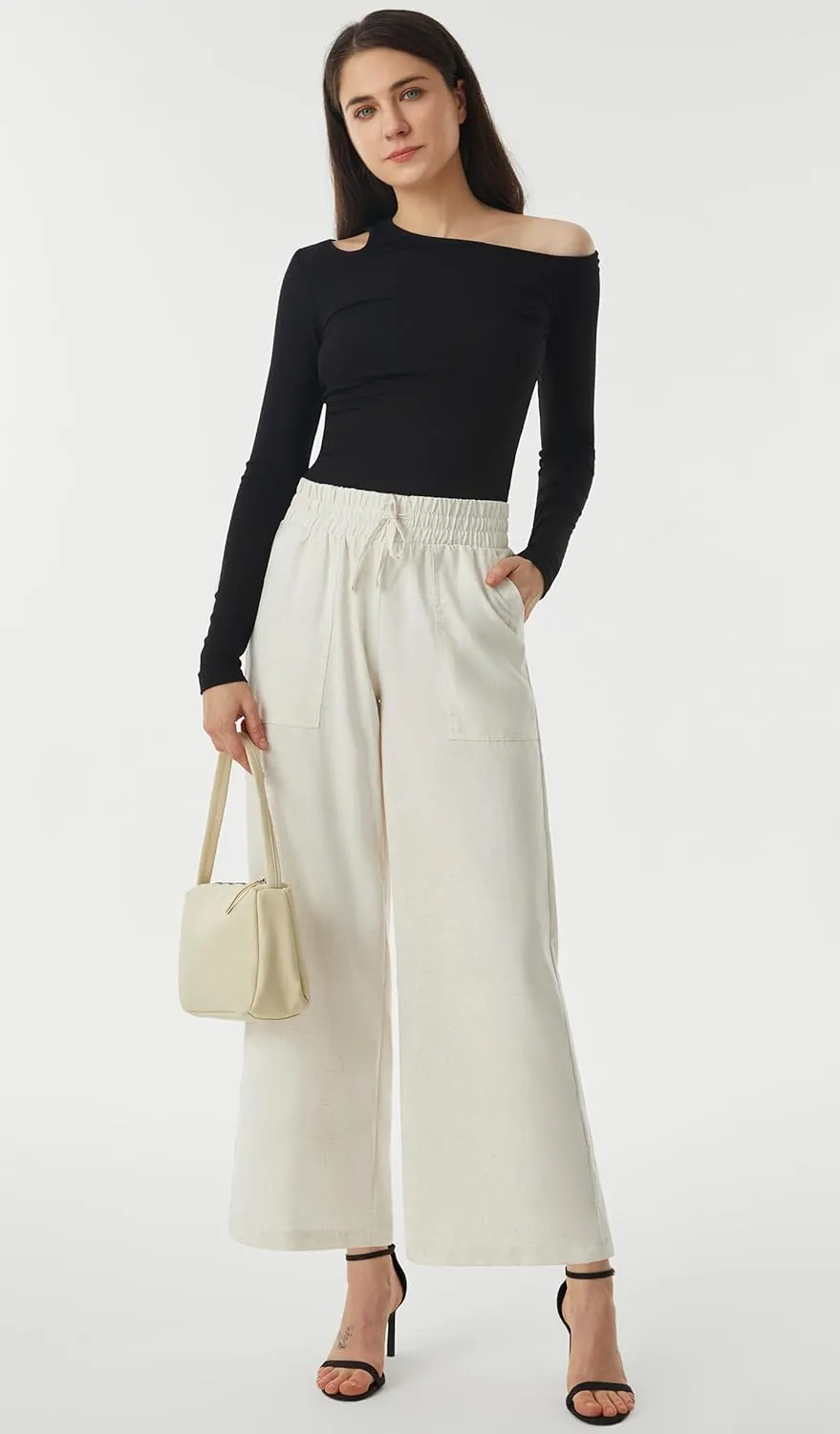 AFITNE Women Linen Palazzo Pants Summer Boho Wide Leg High Waist Casual Lounge Pants with Pockets