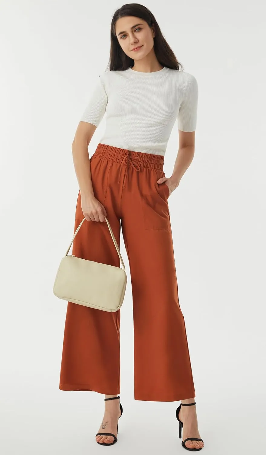 AFITNE Women Linen Palazzo Pants Summer Boho Wide Leg High Waist Casual Lounge Pants with Pockets
