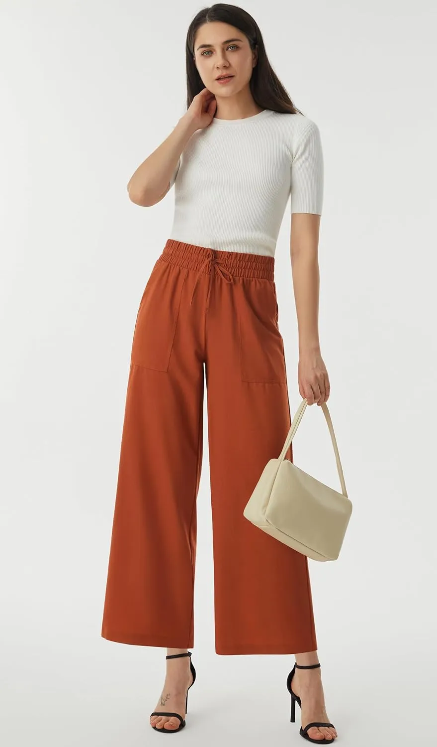 AFITNE Women Linen Palazzo Pants Summer Boho Wide Leg High Waist Casual Lounge Pants with Pockets