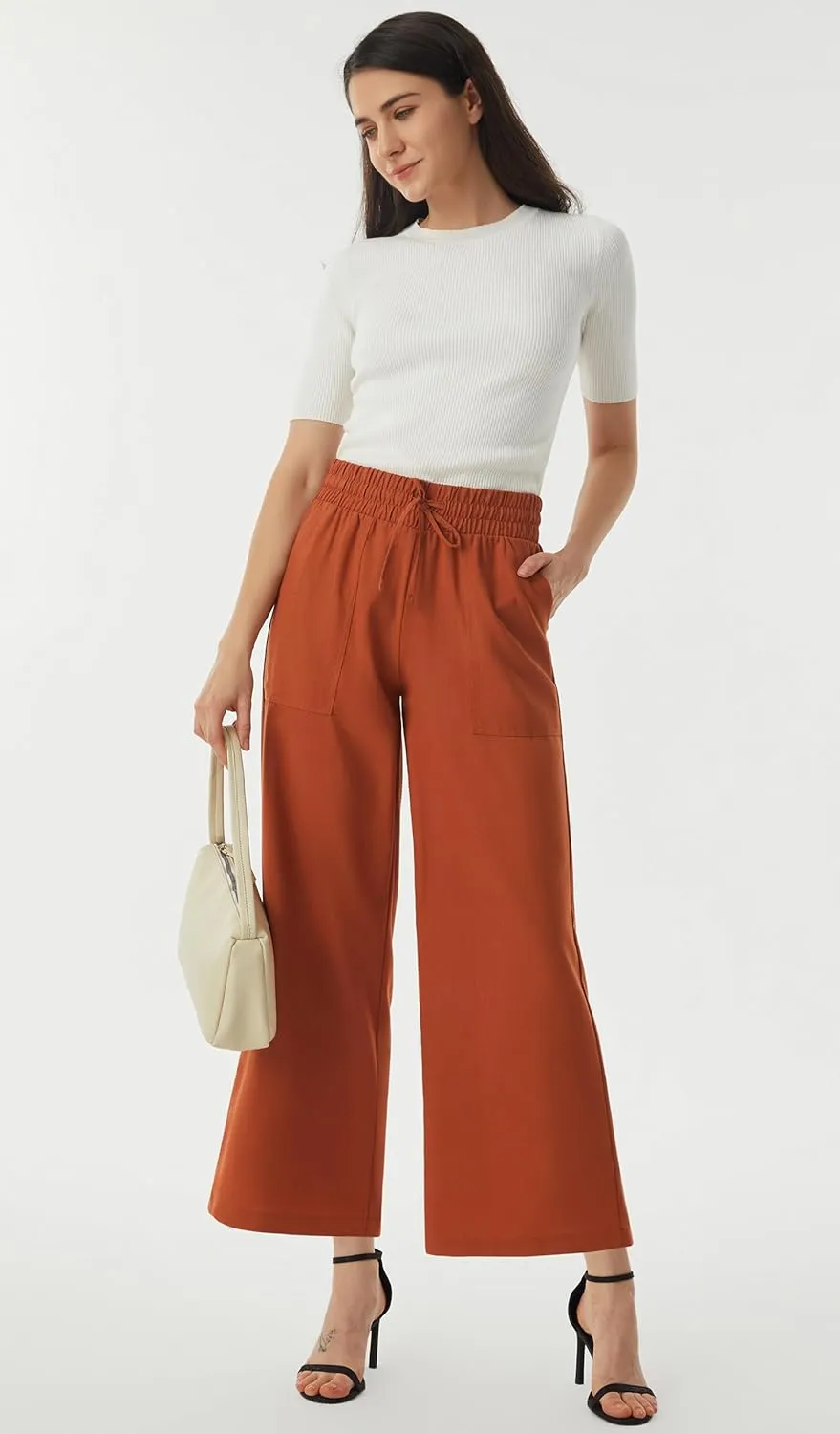 AFITNE Women Linen Palazzo Pants Summer Boho Wide Leg High Waist Casual Lounge Pants with Pockets