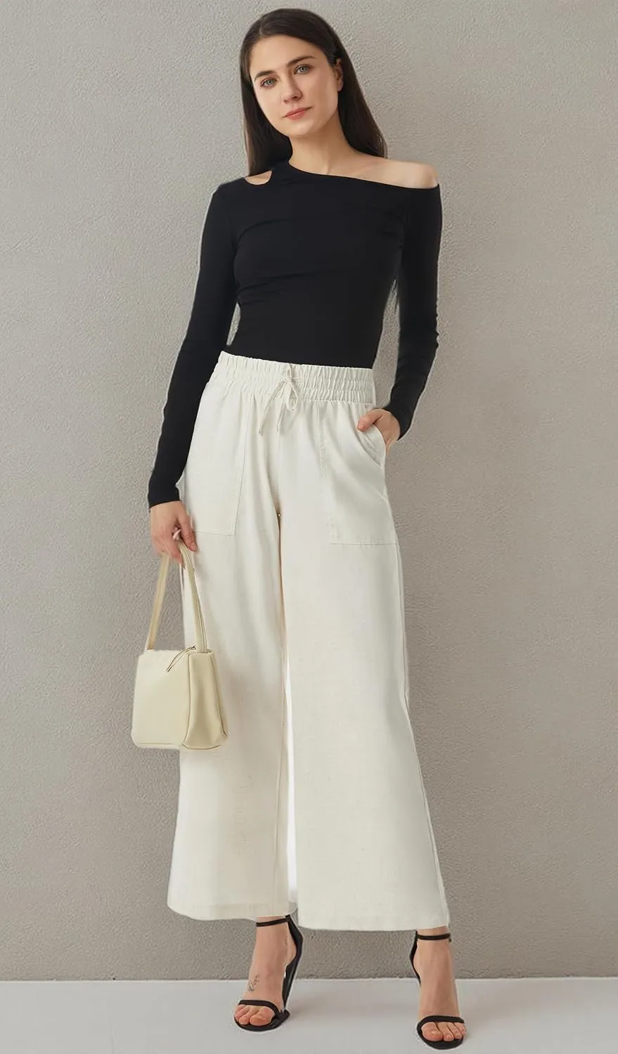 AFITNE Women Linen Palazzo Pants Summer Boho Wide Leg High Waist Casual Lounge Pants with Pockets