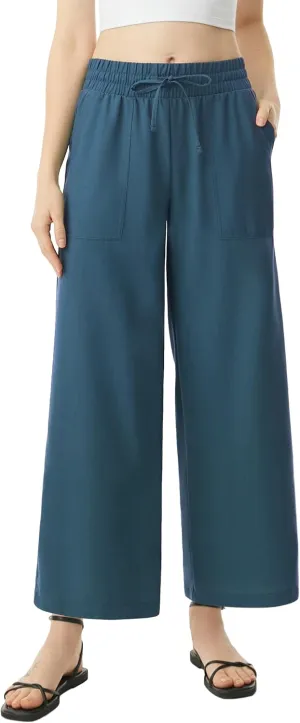 AFITNE Women Linen Palazzo Pants Summer Boho Wide Leg High Waist Casual Lounge Pants with Pockets