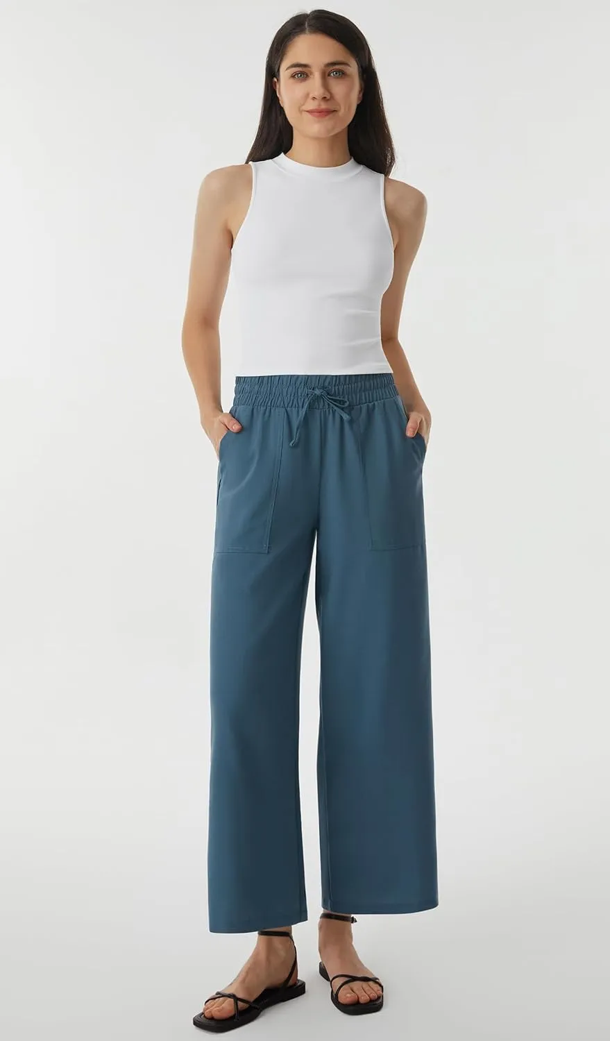 AFITNE Women Linen Palazzo Pants Summer Boho Wide Leg High Waist Casual Lounge Pants with Pockets