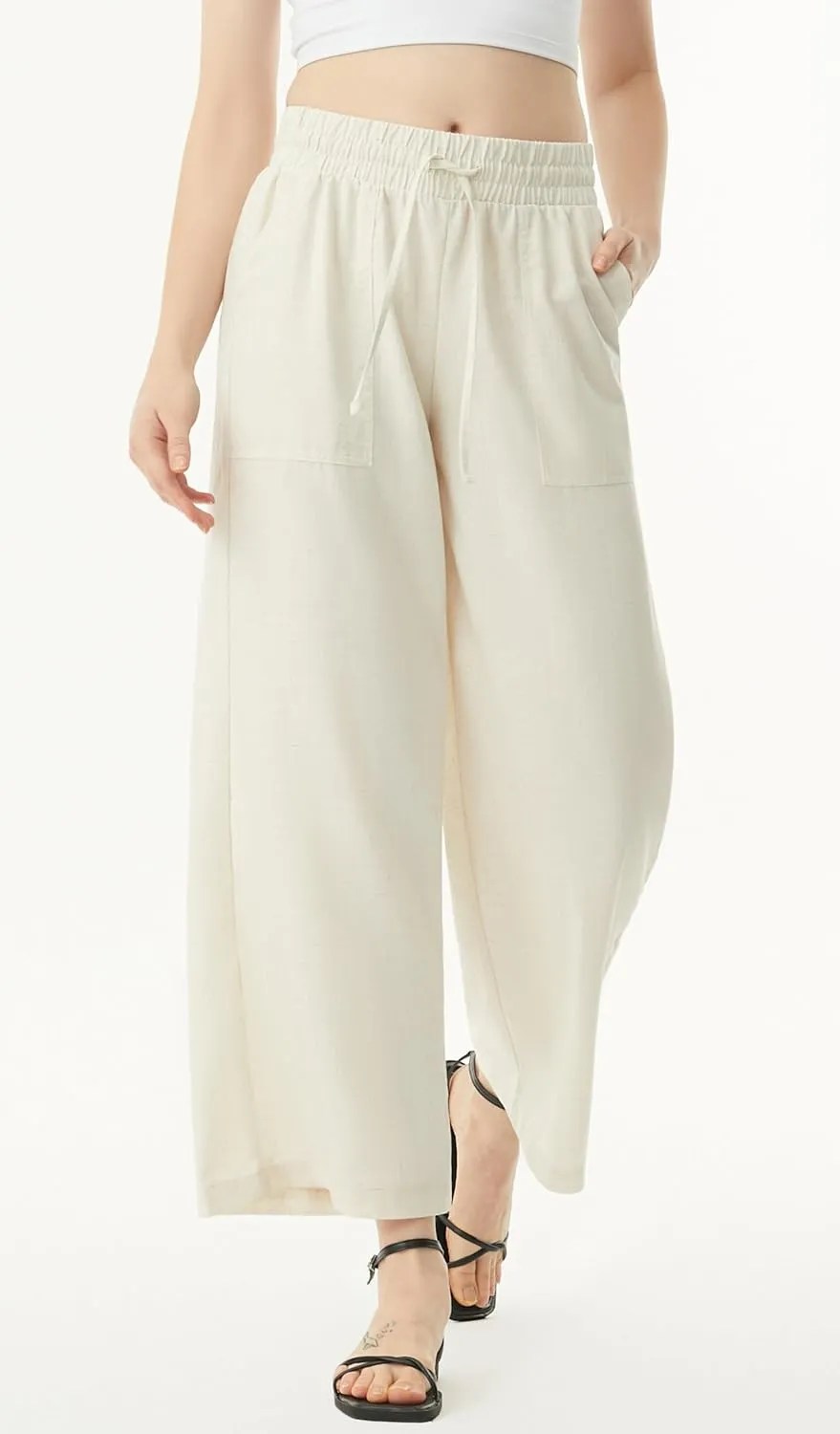 AFITNE Women Linen Palazzo Pants Summer Boho Wide Leg High Waist Casual Lounge Pants with Pockets