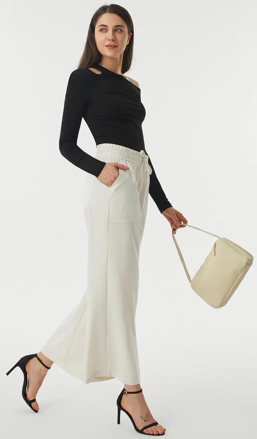 AFITNE Women Linen Palazzo Pants Summer Boho Wide Leg High Waist Casual Lounge Pants with Pockets