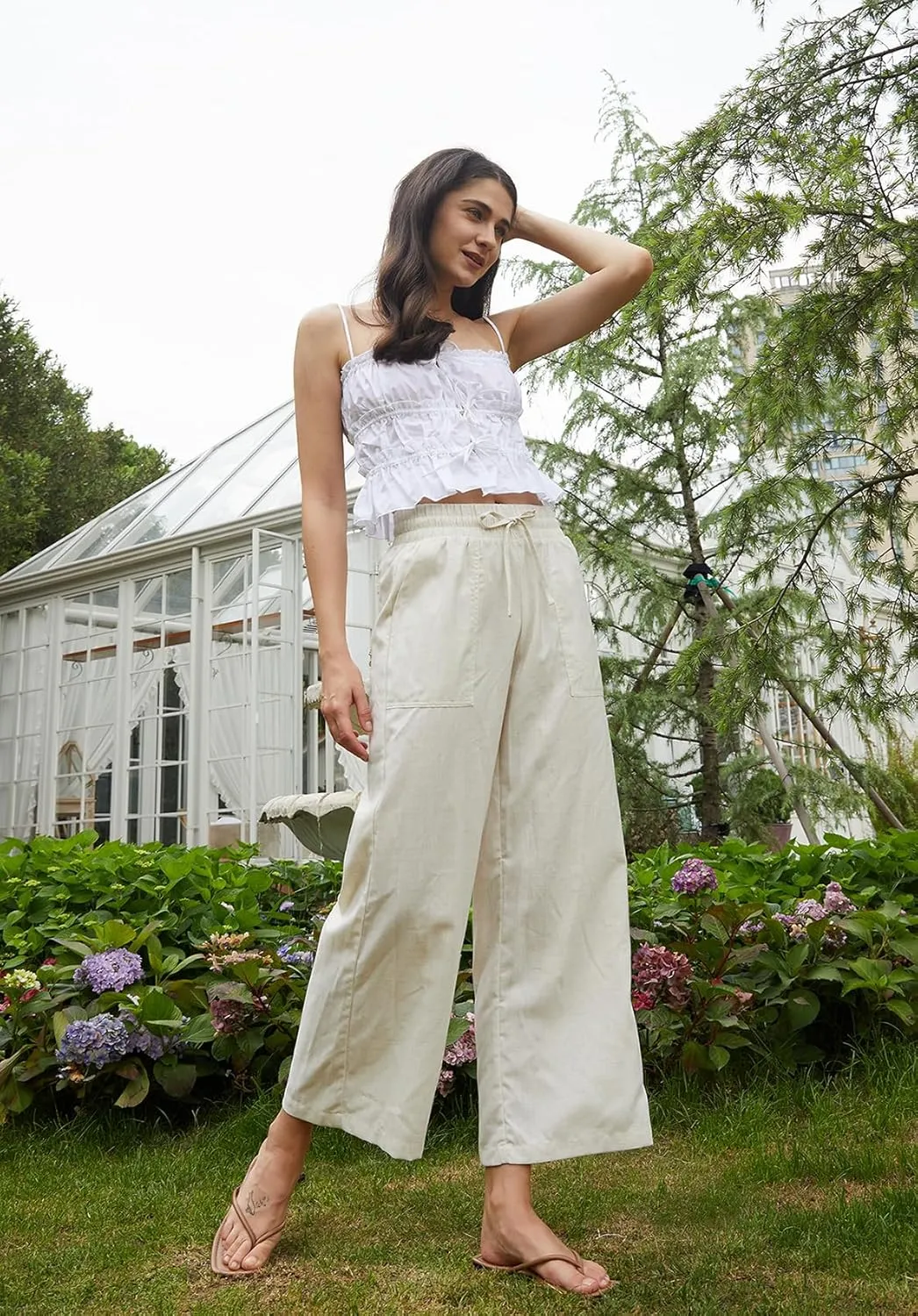 AFITNE Women Linen Palazzo Pants Summer Boho Wide Leg High Waist Casual Lounge Pants with Pockets