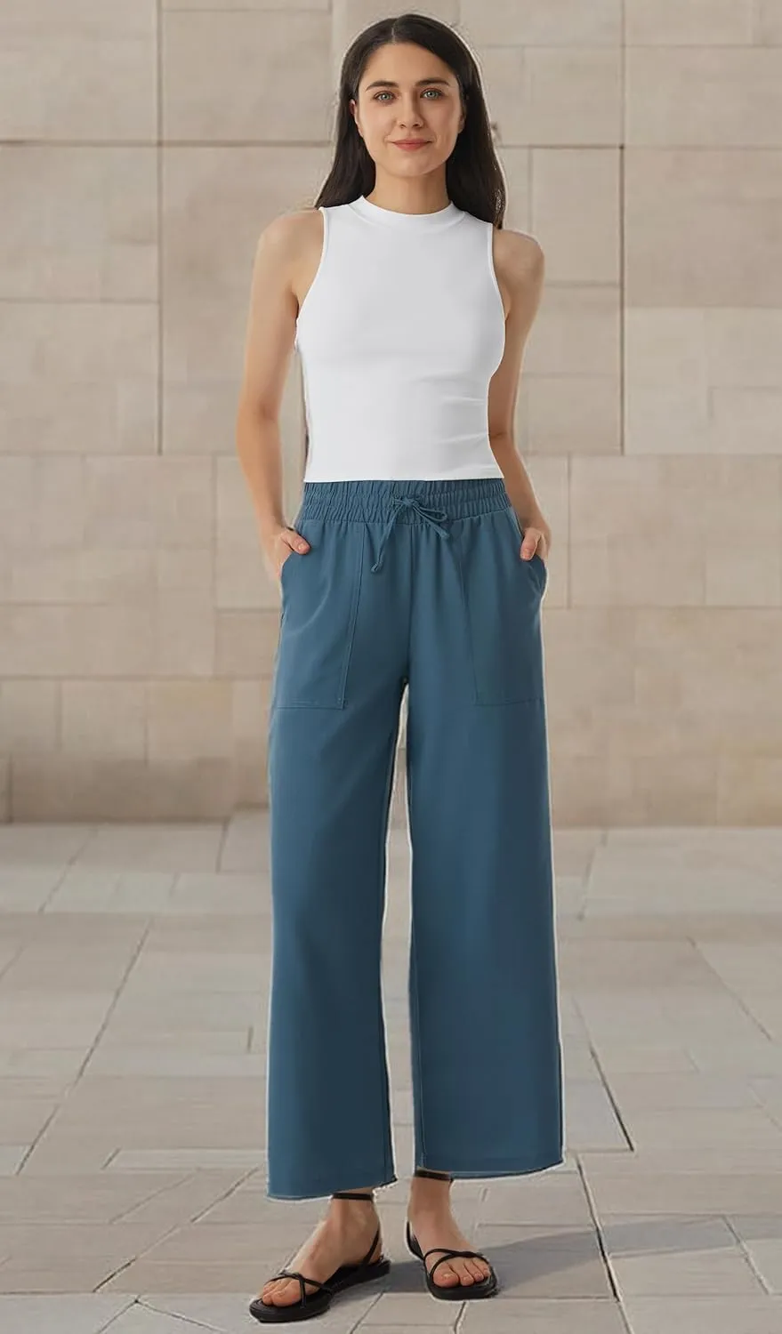 AFITNE Women Linen Palazzo Pants Summer Boho Wide Leg High Waist Casual Lounge Pants with Pockets