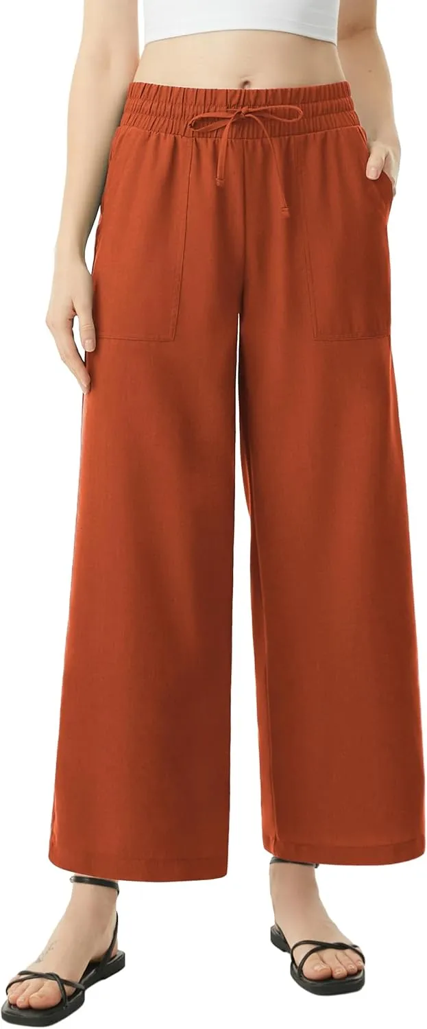 AFITNE Women Linen Palazzo Pants Summer Boho Wide Leg High Waist Casual Lounge Pants with Pockets