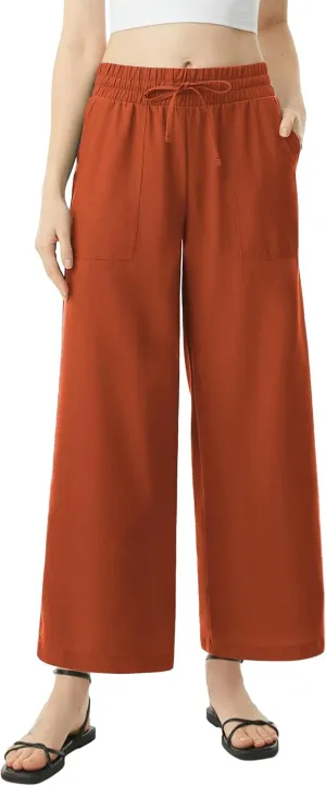 AFITNE Women Linen Palazzo Pants Summer Boho Wide Leg High Waist Casual Lounge Pants with Pockets