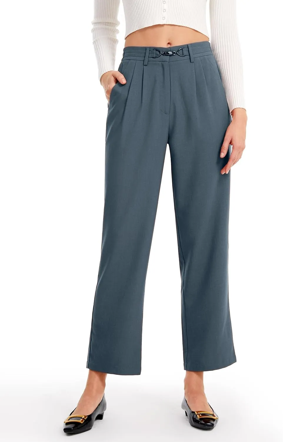 AFITNE Womens Linen Wide Leg Pants High Waist Casual Loose Palazzo Pants with Pockets Flowy Lounge Work Pants 28