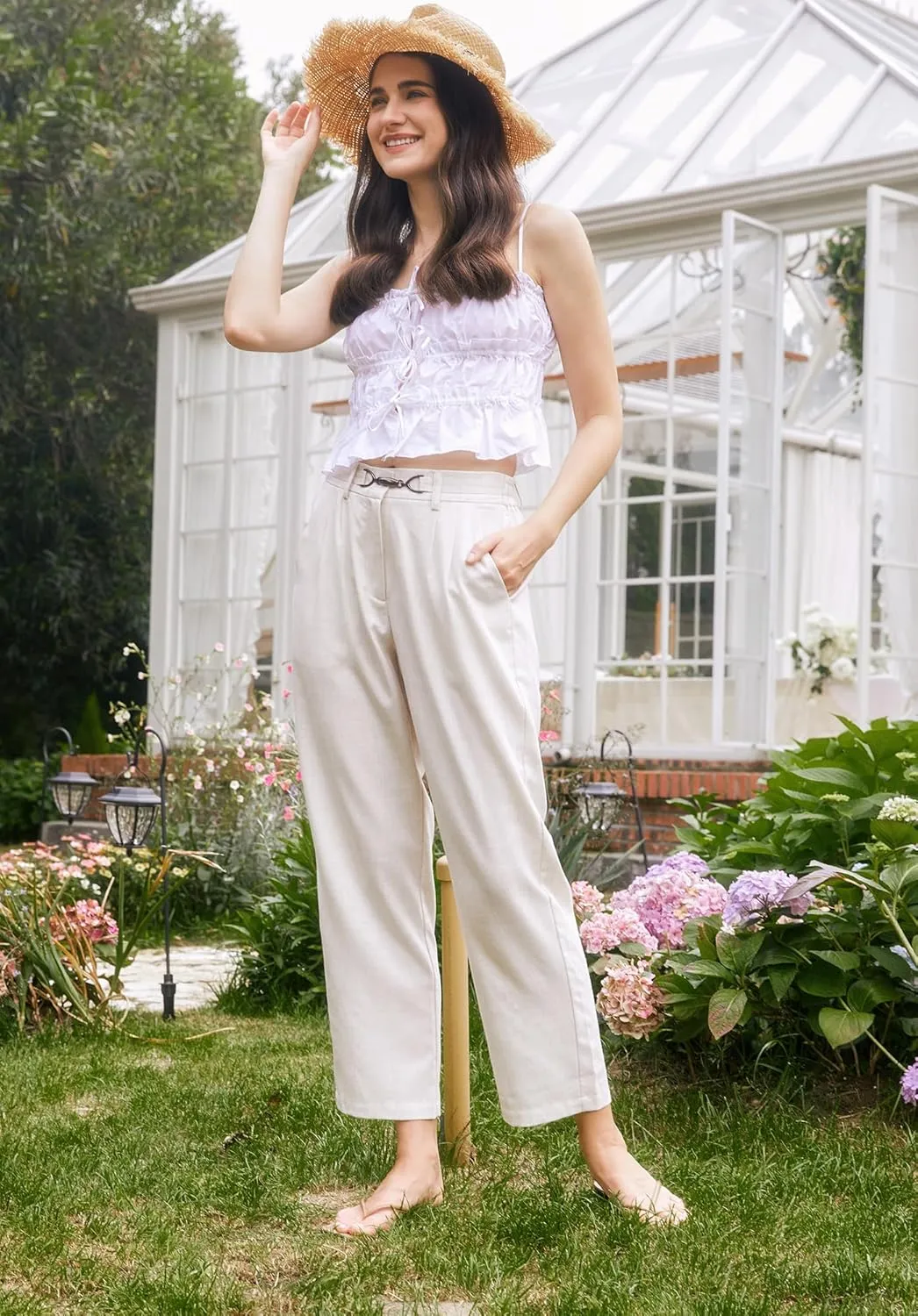 AFITNE Womens Linen Wide Leg Pants High Waist Casual Loose Palazzo Pants with Pockets Flowy Lounge Work Pants 28