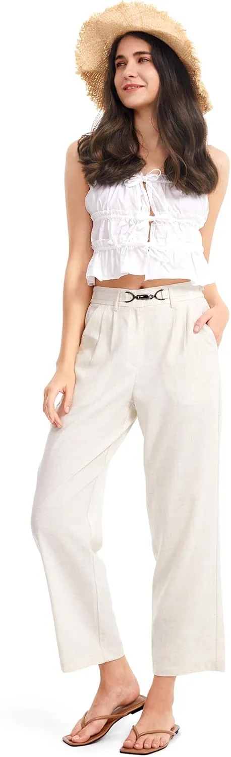 AFITNE Womens Linen Wide Leg Pants High Waist Casual Loose Palazzo Pants with Pockets Flowy Lounge Work Pants 28