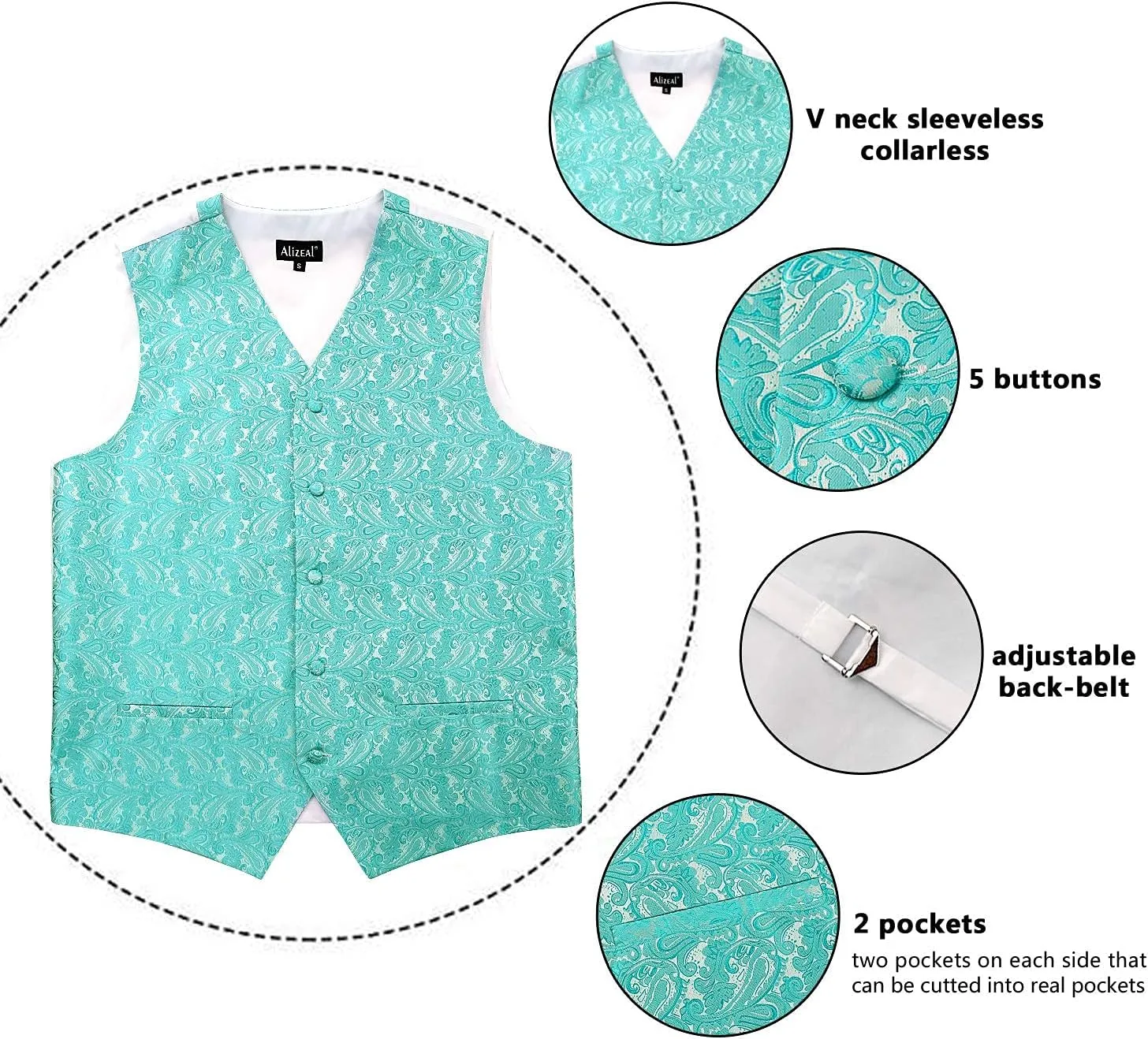 Alizeal Mens Classic 4pc Paisley Jacquard Waistcoat Suit Vest Set