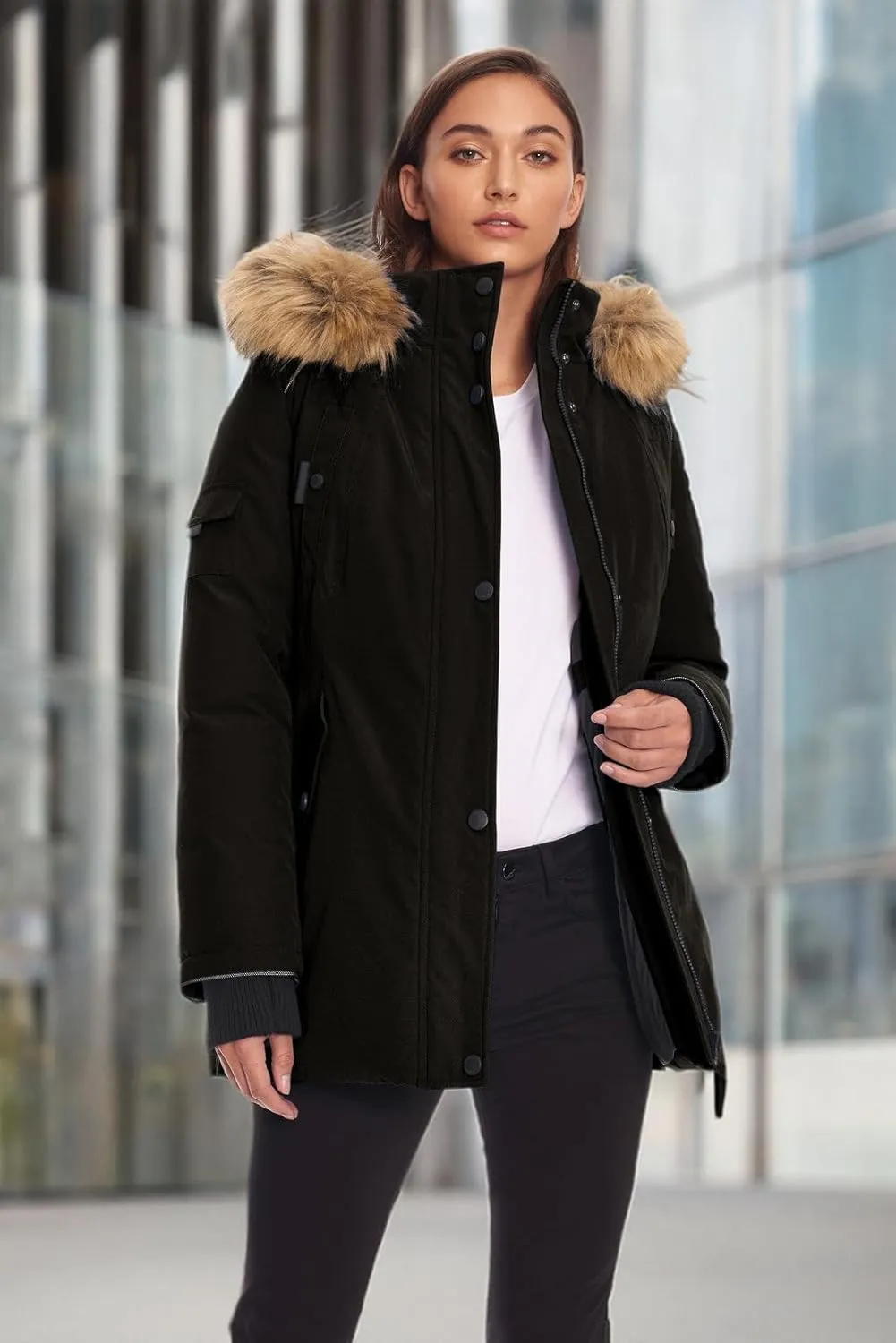 ALPINE NORTH Glacier Womens Vegan Down Winter Coat with Faux Fur Hood - Parka Jacket for Women
