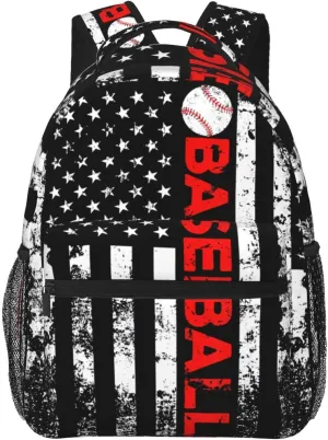 American Flag Baseball Team Backpack Casual Pack Bag Laptop Backpack With Side Pocket Front Zipper Pocket Bookpack Travel Daypack Picnic Rucksack
