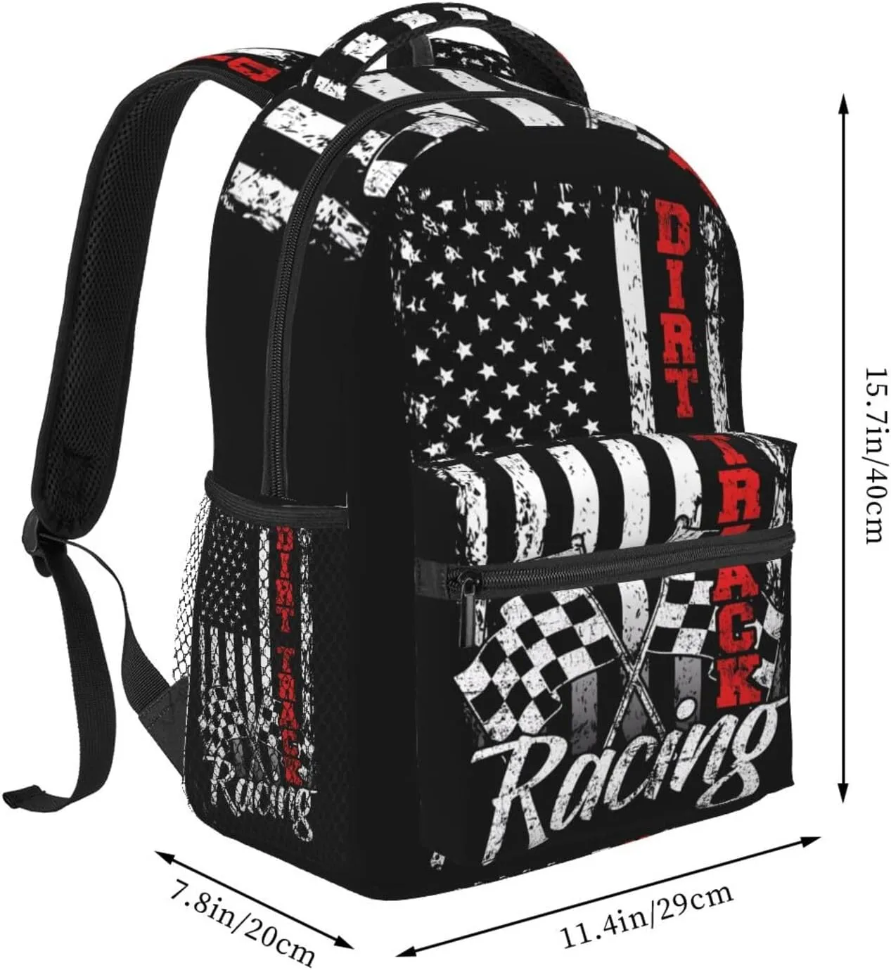 American Flag Dirt Track Racing Car Bike Driver Racer Backpack Casual Pack Bag Laptop Backpack With Side Pocket Front Zipper Pocket Bookpack Travel Daypack Picnic Rucksack