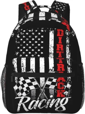 American Flag Dirt Track Racing Car Bike Driver Racer Backpack Casual Pack Bag Laptop Backpack With Side Pocket Front Zipper Pocket Bookpack Travel Daypack Picnic Rucksack