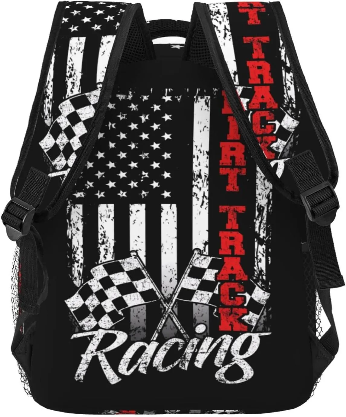 American Flag Dirt Track Racing Car Bike Driver Racer Backpack Casual Pack Bag Laptop Backpack With Side Pocket Front Zipper Pocket Bookpack Travel Daypack Picnic Rucksack