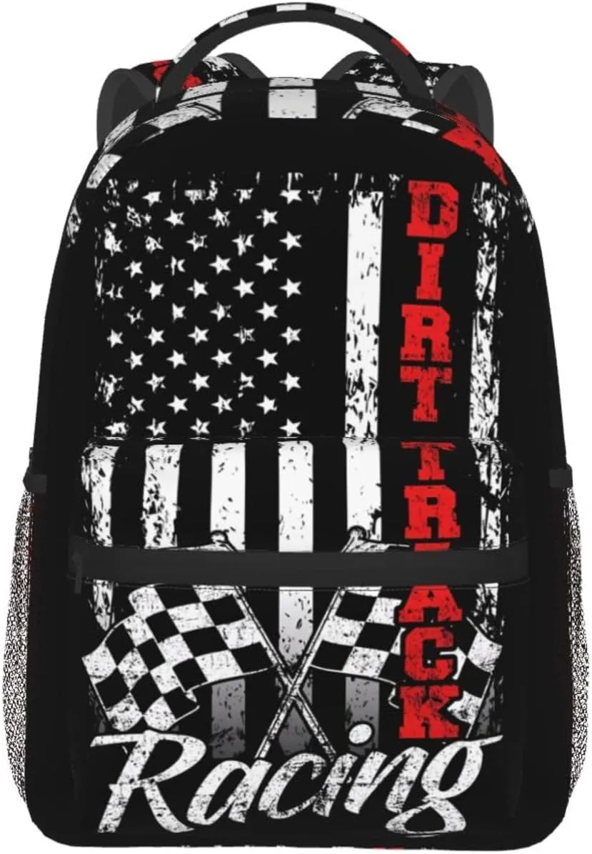 American Flag Dirt Track Racing Car Bike Driver Racer Backpack Casual Pack Bag Laptop Backpack With Side Pocket Front Zipper Pocket Bookpack Travel Daypack Picnic Rucksack