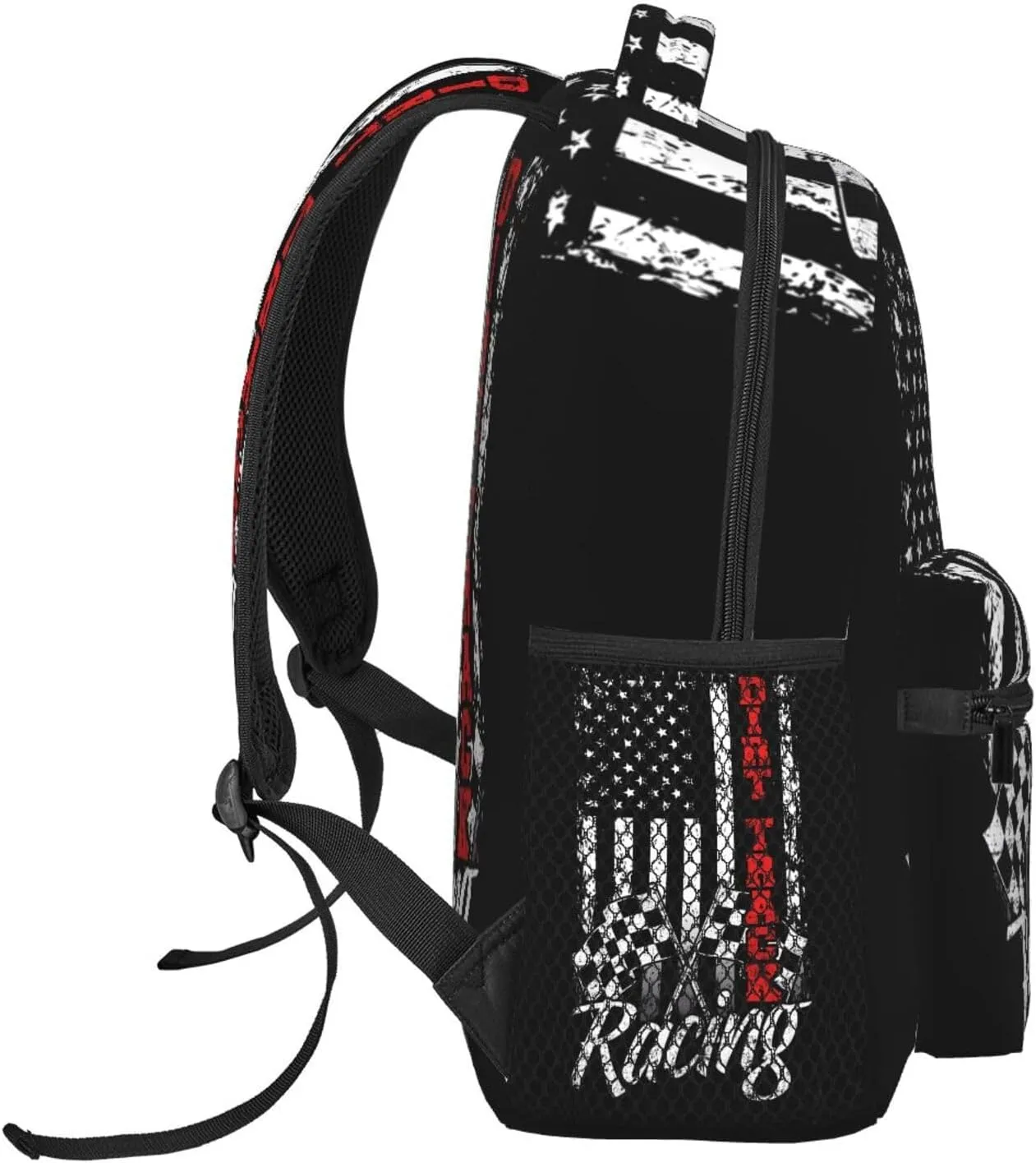 American Flag Dirt Track Racing Car Bike Driver Racer Backpack Casual Pack Bag Laptop Backpack With Side Pocket Front Zipper Pocket Bookpack Travel Daypack Picnic Rucksack