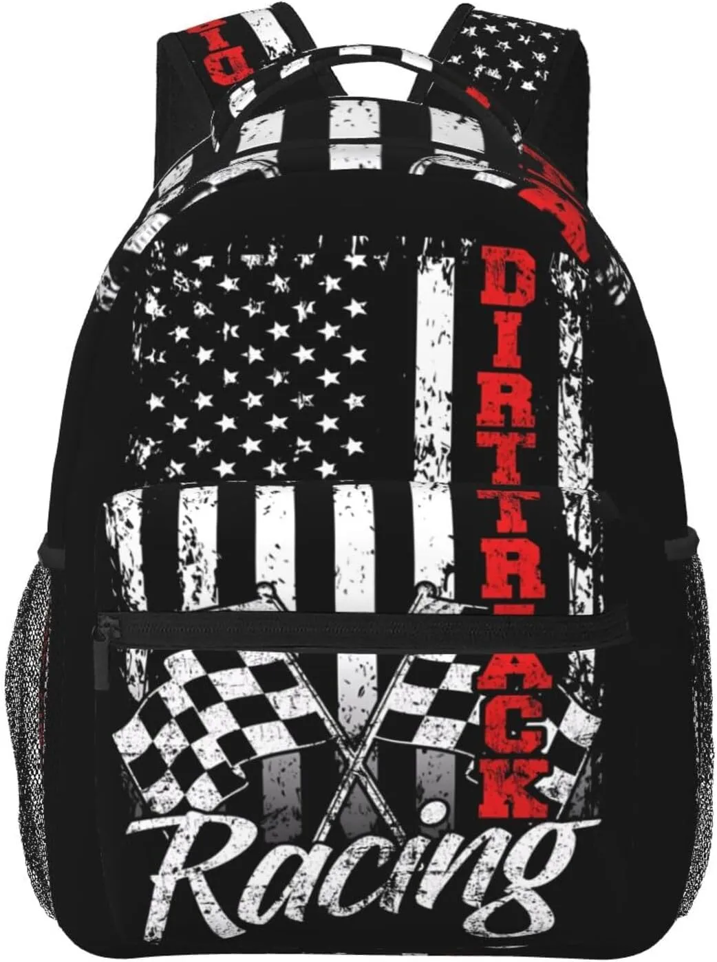 American Flag Dirt Track Racing Car Bike Driver Racer Backpack Casual Pack Bag Laptop Backpack With Side Pocket Front Zipper Pocket Bookpack Travel Daypack Picnic Rucksack