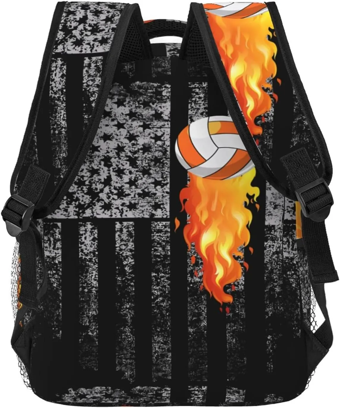 American Flag Flame Volleyball Backpack Casual Pack Bag Laptop Backpack With Side Pocket Front Zipper Pocket Bookpack Travel Daypack Picnic Rucksack