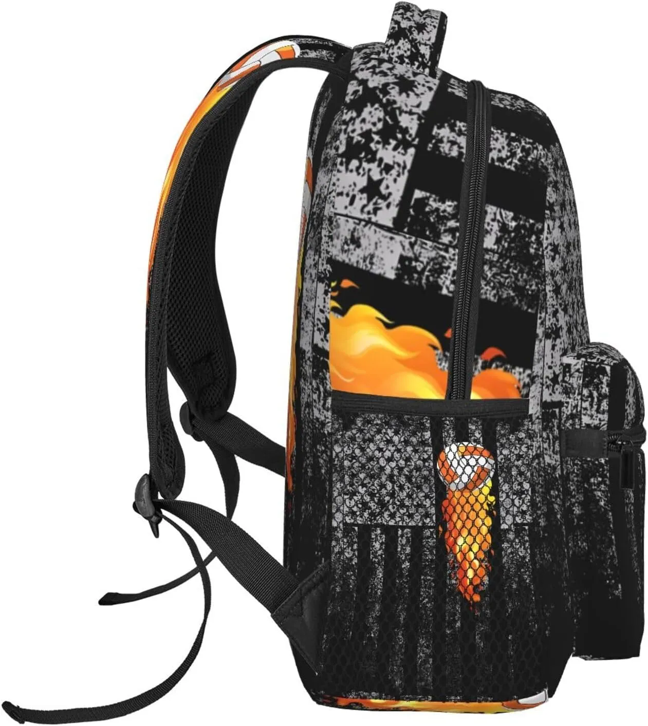 American Flag Flame Volleyball Backpack Casual Pack Bag Laptop Backpack With Side Pocket Front Zipper Pocket Bookpack Travel Daypack Picnic Rucksack