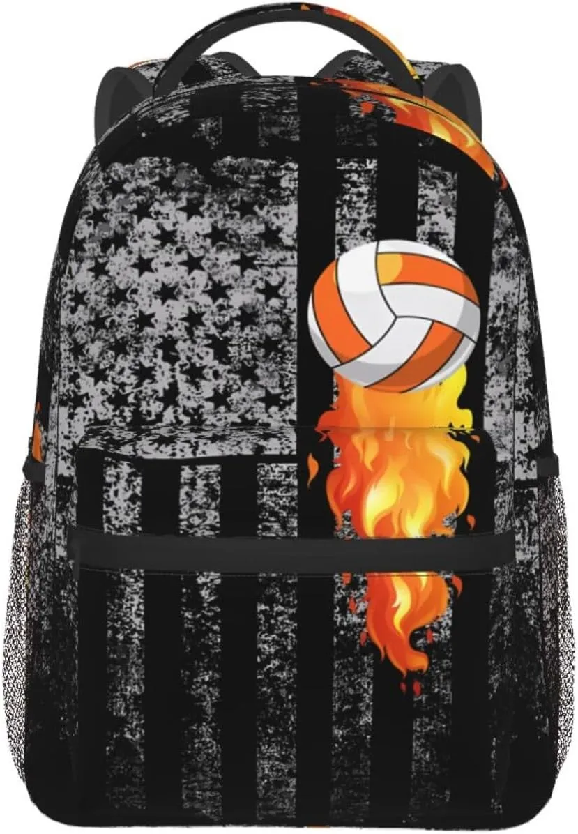 American Flag Flame Volleyball Backpack Casual Pack Bag Laptop Backpack With Side Pocket Front Zipper Pocket Bookpack Travel Daypack Picnic Rucksack