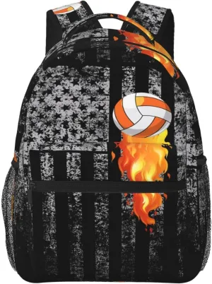 American Flag Flame Volleyball Backpack Casual Pack Bag Laptop Backpack With Side Pocket Front Zipper Pocket Bookpack Travel Daypack Picnic Rucksack