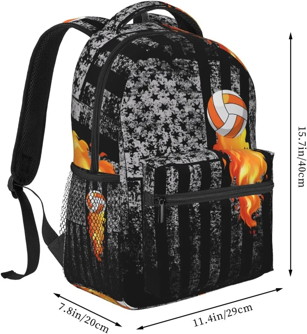 American Flag Flame Volleyball Backpack Casual Pack Bag Laptop Backpack With Side Pocket Front Zipper Pocket Bookpack Travel Daypack Picnic Rucksack