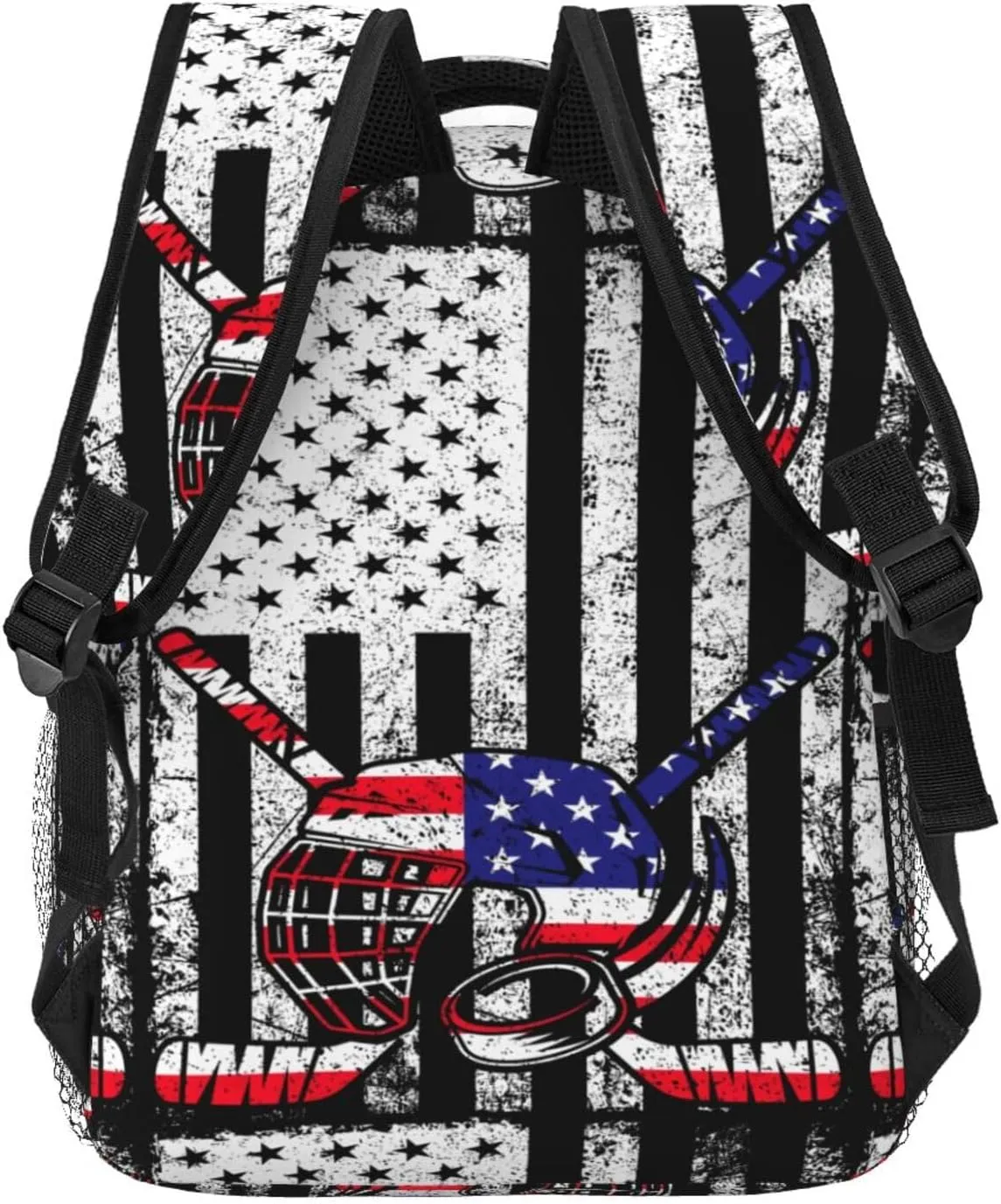 American Flag Ice Hockey Backpack Casual Pack Bag Laptop Backpack With Side Pocket Front Zipper Pocket Bookpack Travel Daypack Picnic Rucksack
